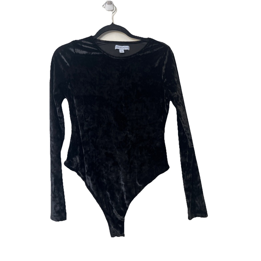 AND NOW THIS WOMEN'S BODYSUIT Sz M Black RADIANCE VELVET LONG SLEEVES